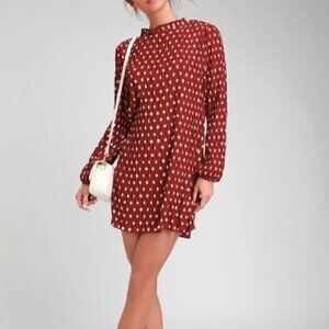 Lulus Pleat to Meet You Wine Red Polka Dot Long Sleeve Shift Dress
